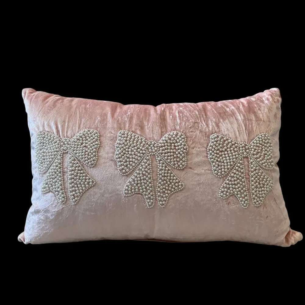 Magaschoni Beaded Faux Pearl Bows on Pink Velvet Decorative Pillow 14x20 New